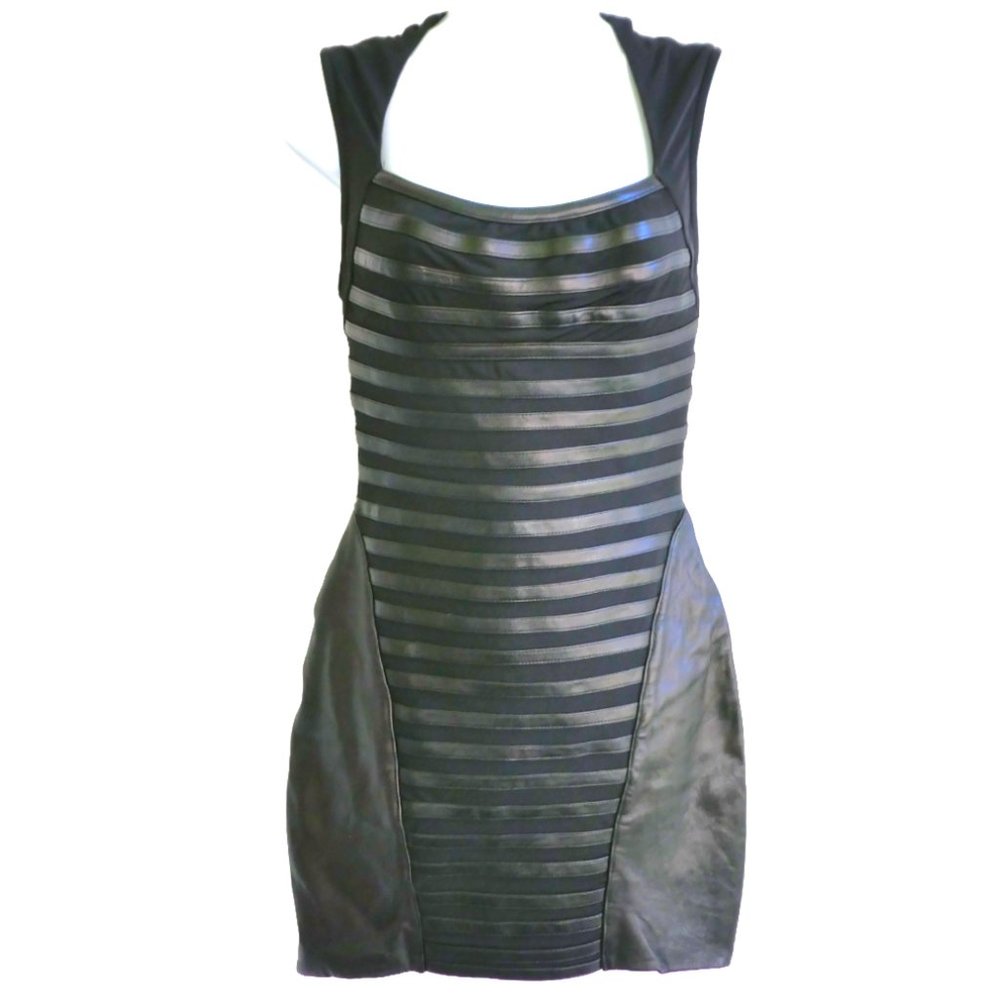 Sky Brand Bodycon LeaTHeR Trim Dress Square Neck Stretchy Chic Dark USA S - Picture 2 of 6